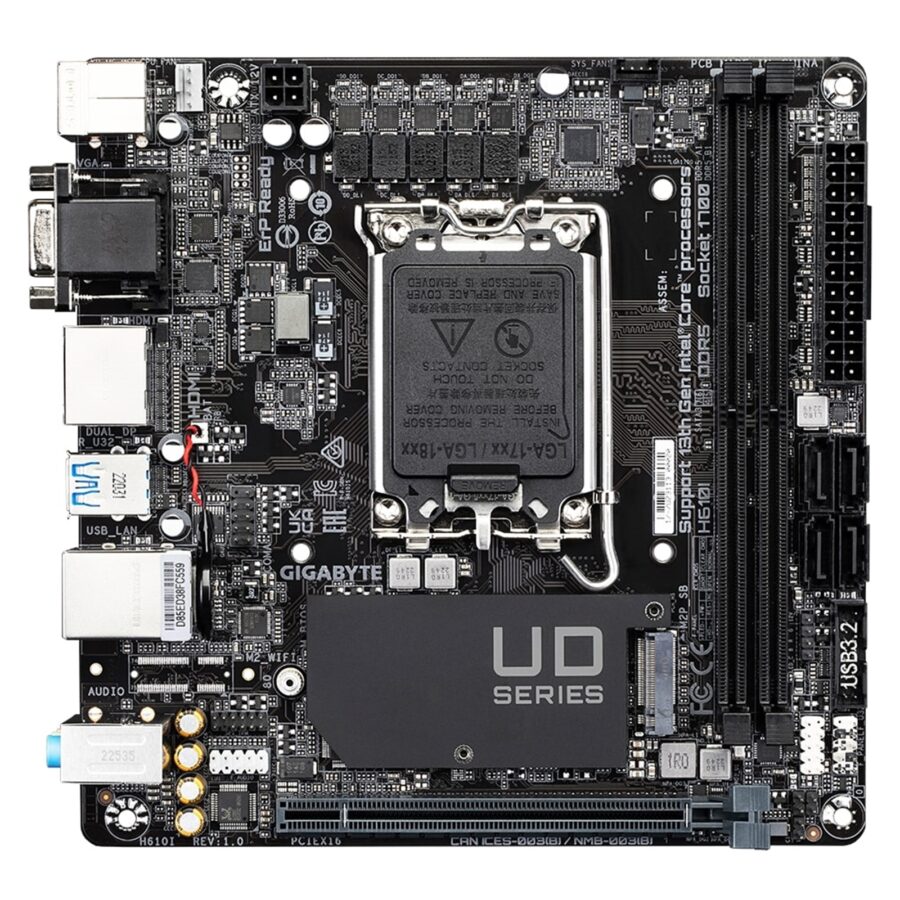 Gigabyte H610I Intel 1700 Socket Motherboard, Mini-ITX, 2x DDR5 Slots, 1x M.2 Socket, GbE LAN, 1x D-Sub / 2x DisplayPorts / 1x HDMI Port