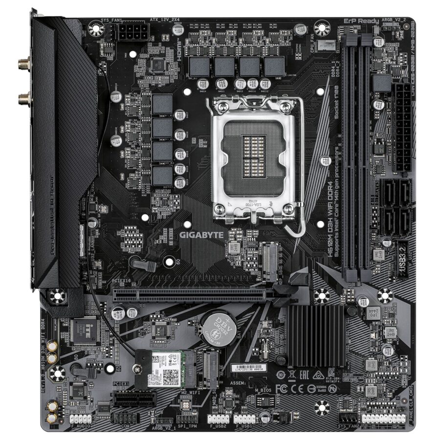 Gigabyte H610M D3H WIFI DDR4 Intel 1700 Socket Motherboard, Micro-ATX, 2x DDR4 Slots, 2x M.2 Sockets, GbE LAN, Wi-Fi 5, 1x HDMI Port