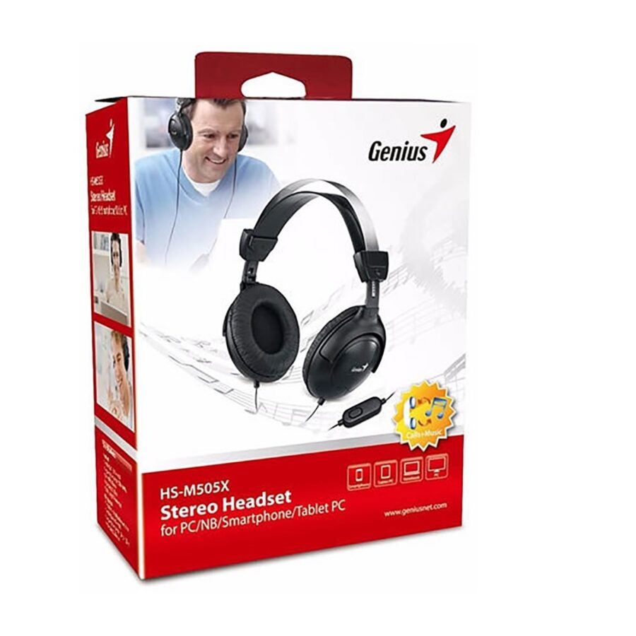 Genius HS-M505X Headset with Mic, 3.5mm Connection, Plug and Play with Adjustable Headbandand, In-line microphone and Volume Control, Black