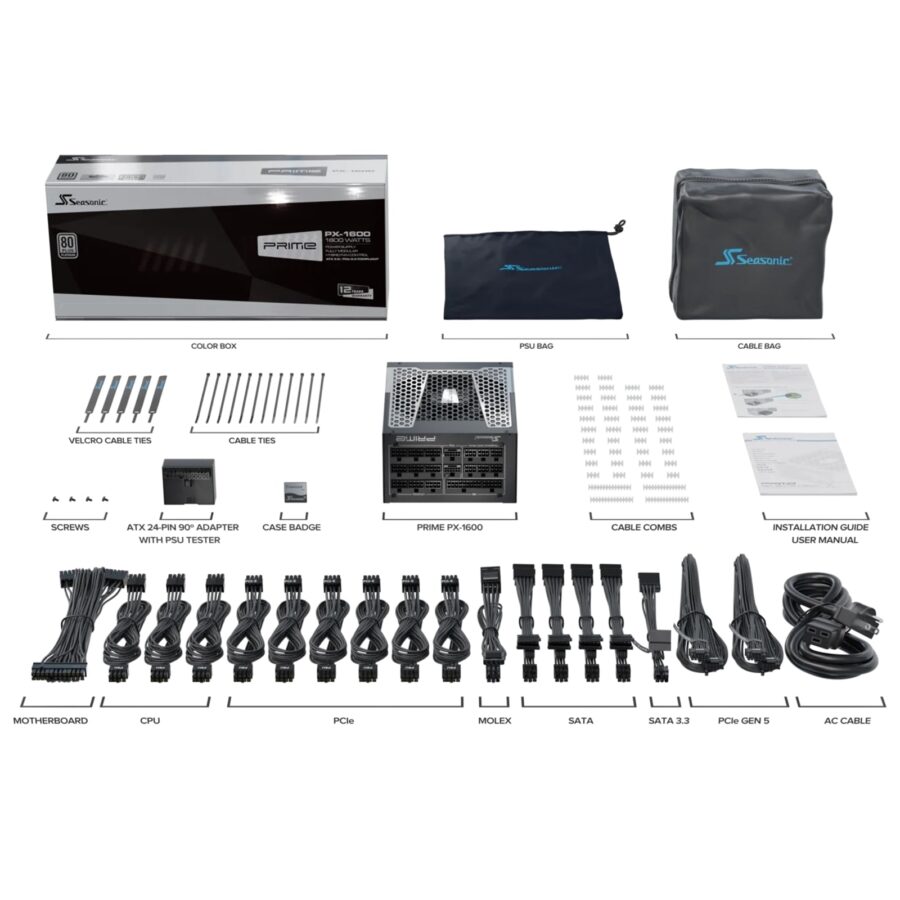 Seasonic PRIME PX-1600 1600W 80 PLUS Platinum ATX 3.0 Modular PSU with 135mm FDB Fan & 12 Year Warranty, Black