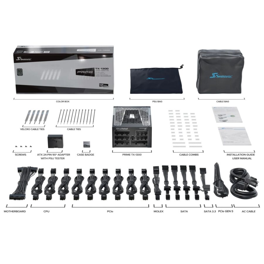Seasonic PRIME TX 1300W 80 PLUS Titanium Fully-Modular ATX 3.1 PSU with 135mm FDB Fan, Individual Braided Cables & 12 Year Warranty, Black