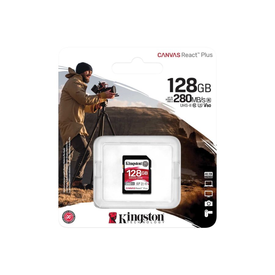 Kingston Canvas React Plus V60 128GB Memory Card, 4K, UHS-II, 280MB/s R, 150MB/s W