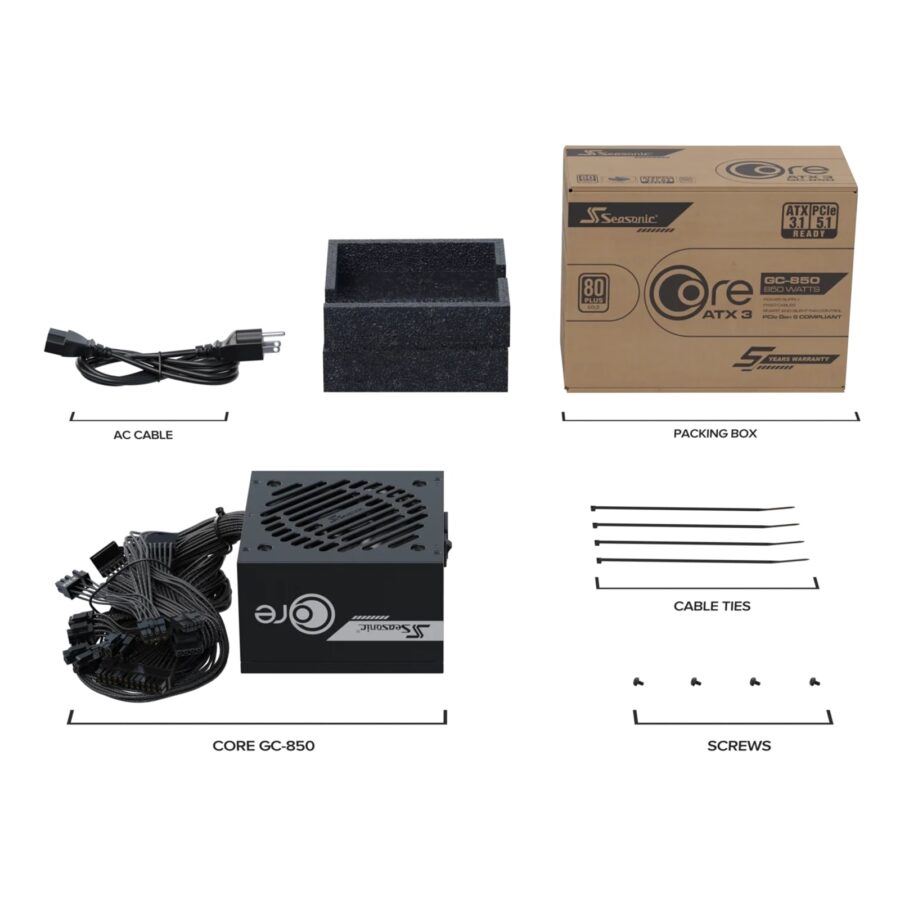 Seasonic CORE GC-850 850W 80 PLUS Gold ATX 3.1 Non-Modular PSU with 120mm HDB Fan, Braided Cables & 5 Year Warranty, Black