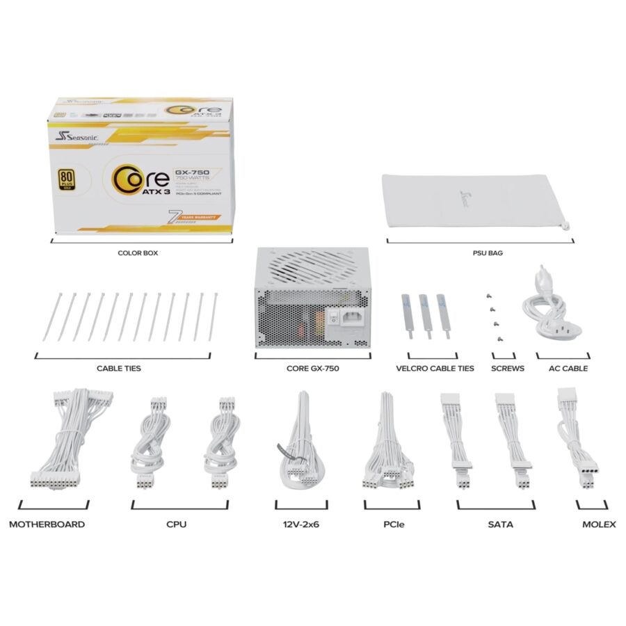 Seasonic CORE GX ATX 3.1 (SRP-CGX751-A5A32SF-W) 750W PSU, 120mm Fan, 80 PLUS Gold, Fully Modular, Individual White Cables with Braided Pattern, 7 Years Warranty - WHITE