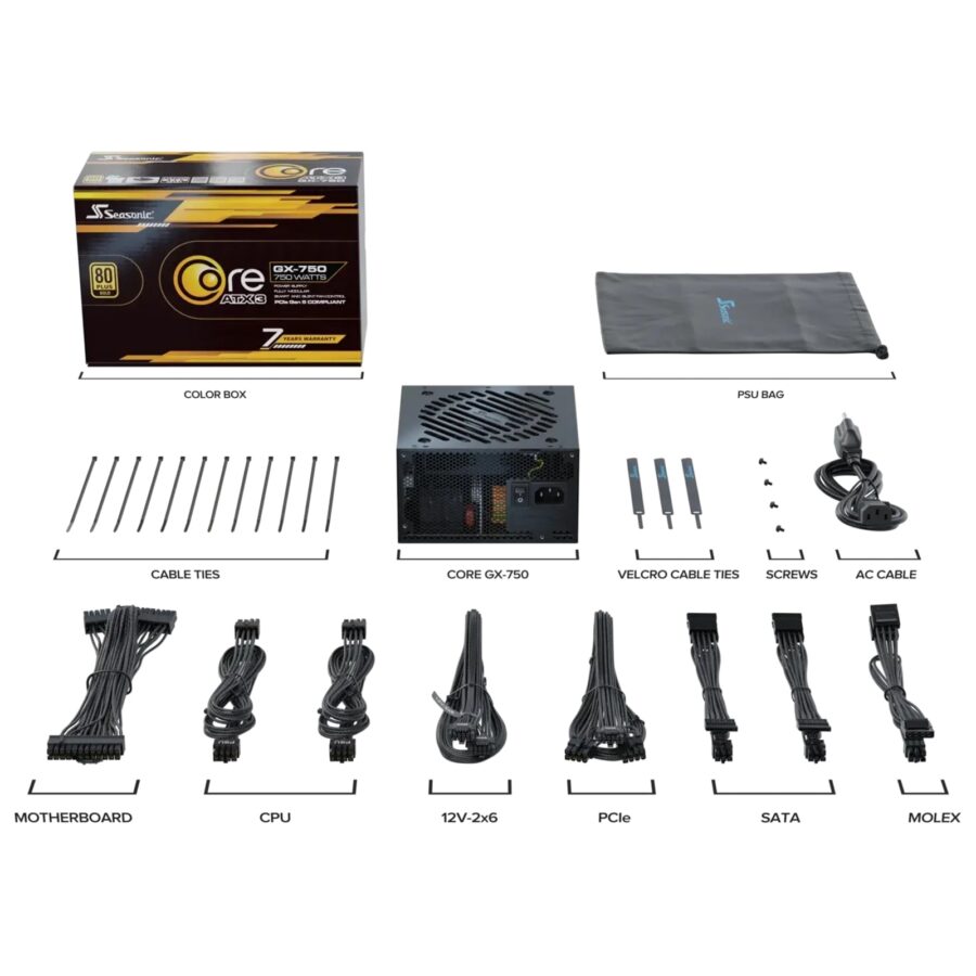 Seasonic CORE GX ATX 3.1 (SRP-CGX751-A5A32SF) 750W PSU, 120mm Fan, 80 PLUS Gold, Fully Modular, Individual Black Cables with Braided Pattern, 7 Years Warranty - BLACK