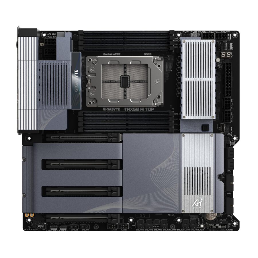 Gigabyte TRX50 AI TOP-2B AMD sTR5 Socket Motherboard, E-ATX, 8x DDR5 Slots, 4x M.2 Sockets, Fitted I/O Shield, 2x 10GbE LAN, Wi-Fi 7, 1x DisplayPort / 1x USB-C (USB4)