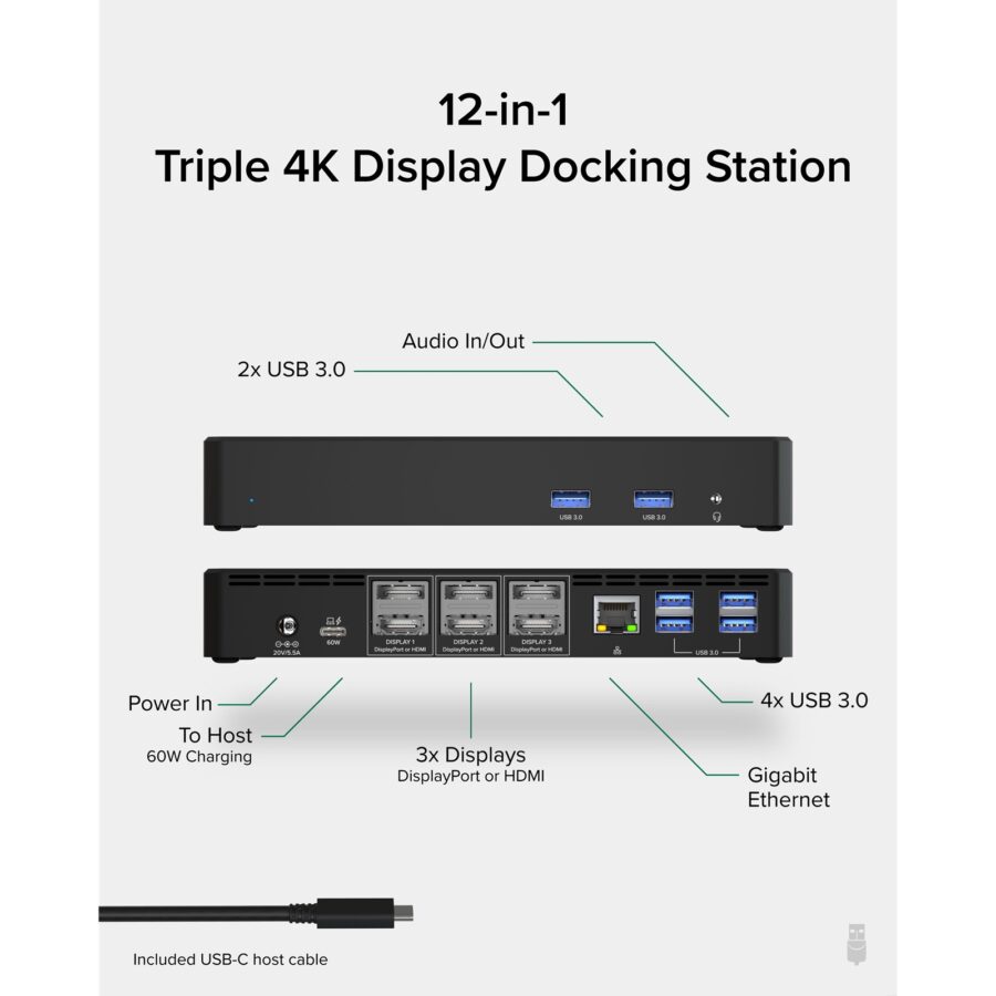 Plugable UD-6950PDZ USB-C Triple Monitor 4K 60W USB-C PD Docking Station