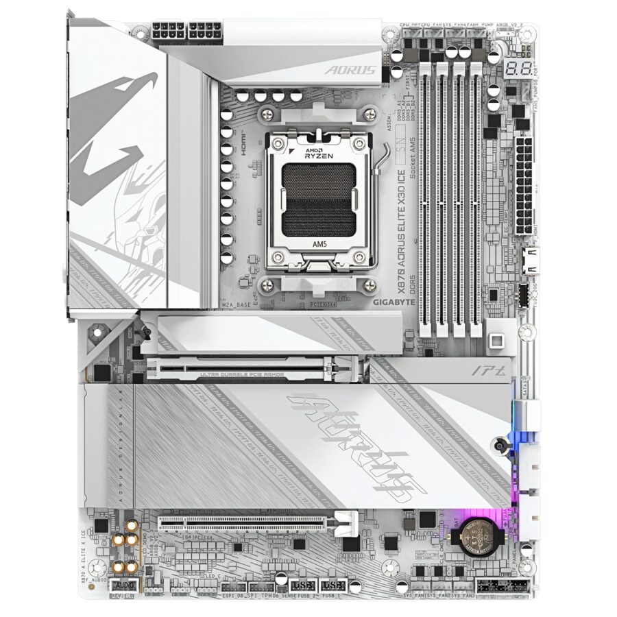 Gigabyte X870 AORUS ELITE X3D ICE AMD AM5 Socket Motherboard, ATX, 4x DDR5 Slots, 4x M.2 Sockets, 5GbE LAN, Wi-Fi 7, 1x HDMI Port / 2x USB-C (USB4)
