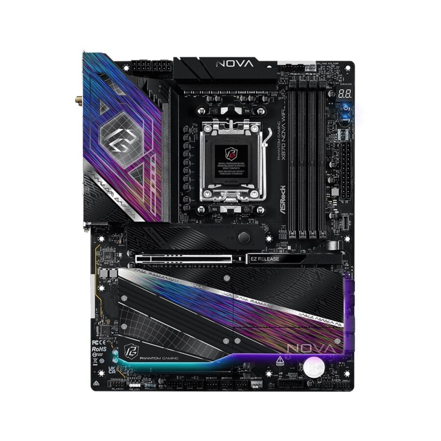 ASRock PHANTOM GAMING X870 Nova WiFi AMD AM5 Socket Motherboard, ATX, 4x DDR5 Slots, 5x M.2 Sockets, 5GbE LAN, Wi-Fi 7, 1x HDMI Port / 2x USB-C (USB4)