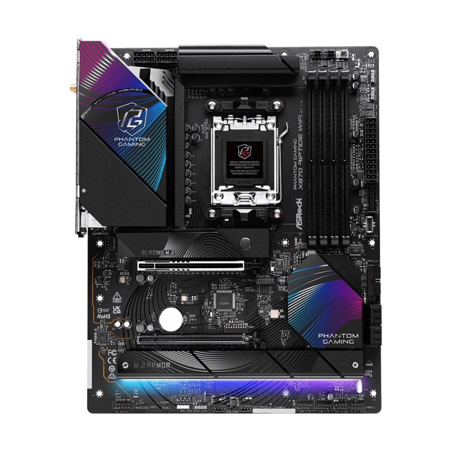 ASRock X870 RIPTIDE WIFI AMD AM5 Socket Motherboard, ATX, 4x DDR5 Slots, 3x M.2 Sockets, Fitted I/O Shield, 2.5GbE LAN, Wi-Fi 7, 1x HDMI Port / 2x USB-C (USB4)