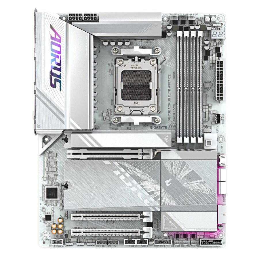 Gigabyte X870E AORUS ELITE WIFI7 ICE AMD AM5 Socket Motherboard, ATX, 4x DDR5 Slots, 4x M.2 Sockets, Fitted I/O Shield, 2.5GbE LAN, Wi-Fi 7, 1x HDMI Port / 2x USB-C (USB4)