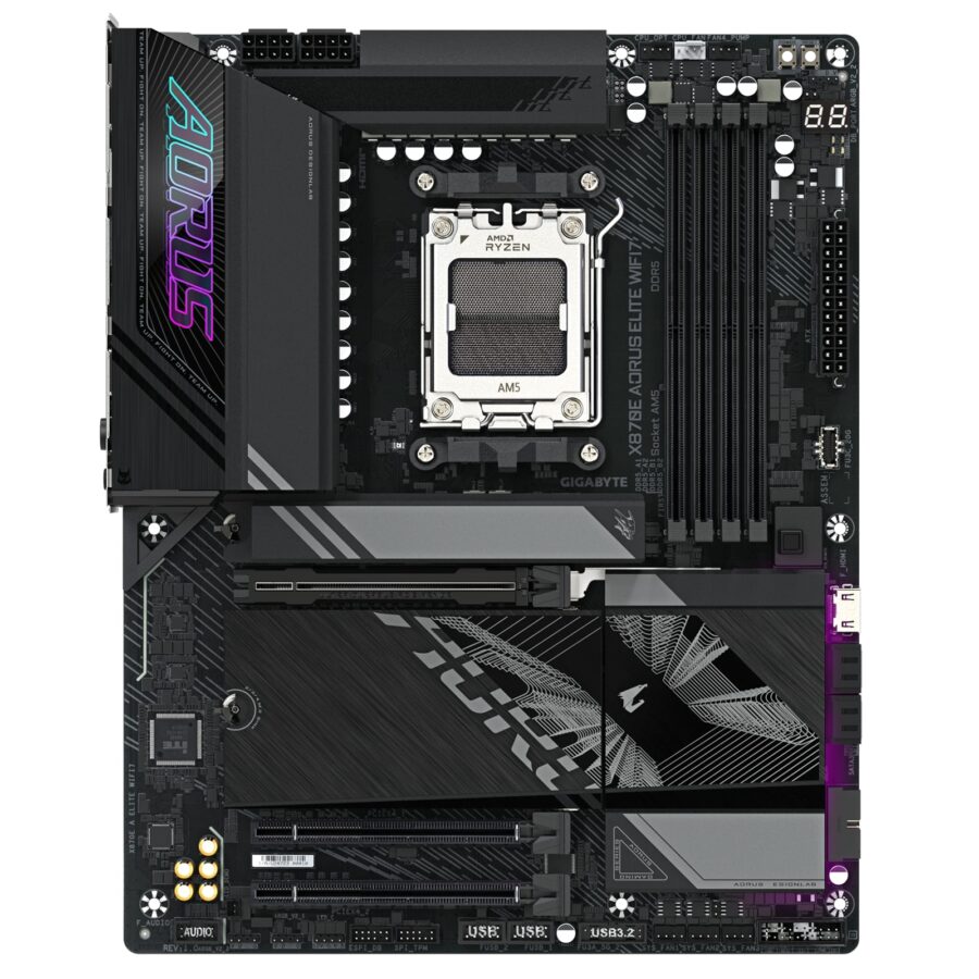 Gigabyte X870E AORUS ELITE WIFI7 AMD AM5 Socket Motherboard, ATX, 4x DDR5 Slots, 4x M.2 Sockets, Fitted I/O Shield, 2.5GbE LAN, Wi-Fi 7, 1x HDMI Port / 2x USB-C (USB4)