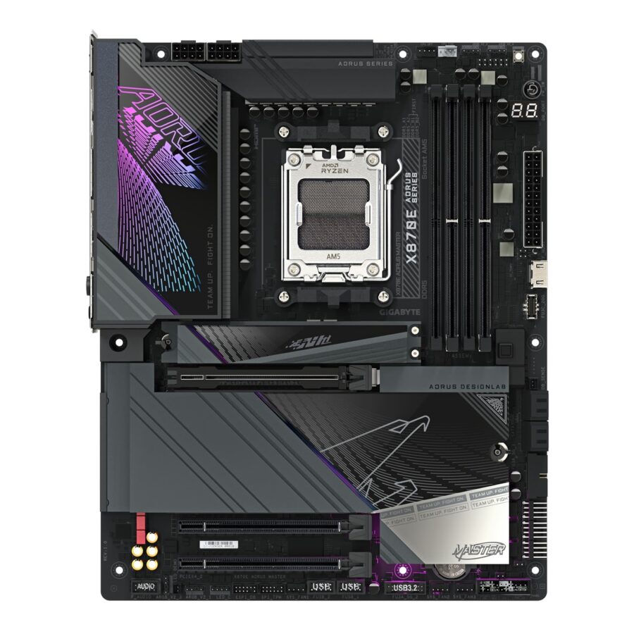 Gigabyte X870E AORUS MASTER AMD AM5 Socket Motherboard, ATX, 4x DDR5 Slots, 4x M.2 Sockets, Fitted I/O Shield, 5GbE LAN, Wi-Fi 7, 1x HDMI Port / 2x USB-C (USB4)