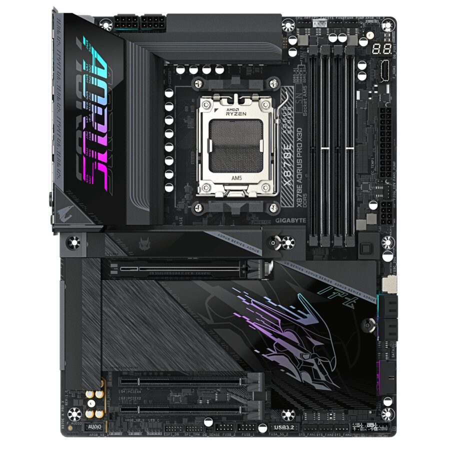 Gigabyte X870E AORUS PRO X3D AMD AM5 Socket Motherboard, ATX, 4x DDR5 Slots, 4x M.2 Sockets, Fitted I/O Shield, 5GbE LAN, Wi-Fi 7, 1x HDMI Port / 2x USB-C (USB4)