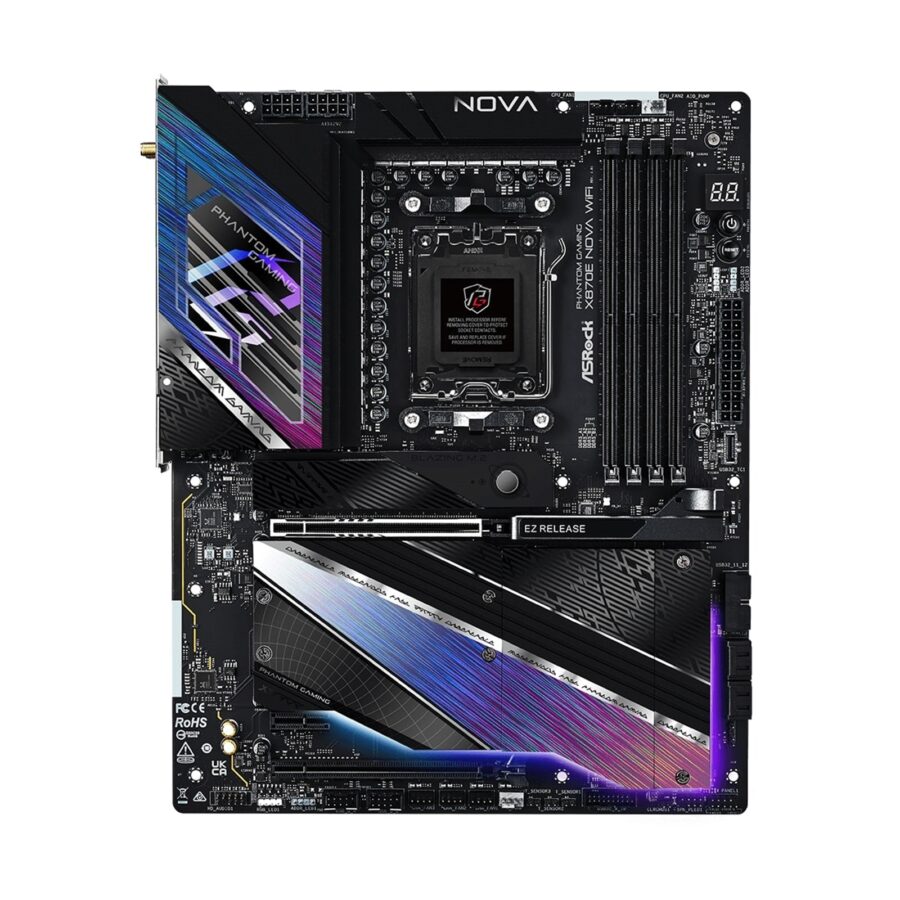 ASRock X870E NOVA WIFI PHANTOM GAMING AMD AM5 Socket Motherboard, ATX, 4x DDR5 Slots, 5x M.2 Sockets, Fitted I/O Shield, 5GbE LAN, Wi-Fi 7, 1x HDMI Port / 2x USB-C (USB4)