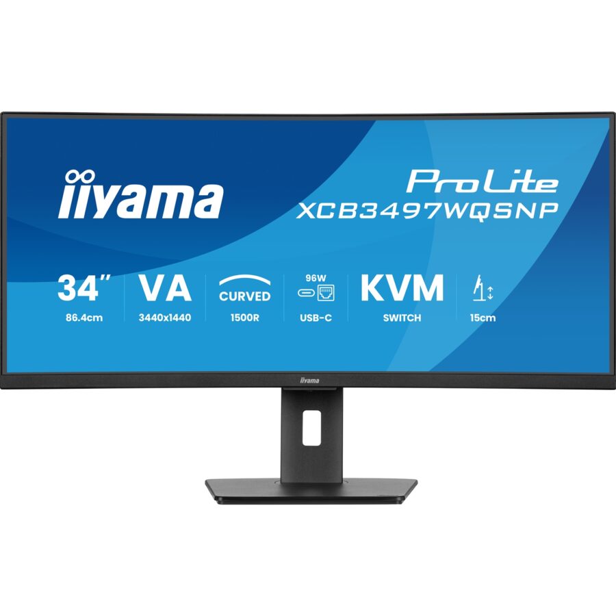 iiyama ProLite Curved Monitor XCB3497WQSNP-B1 34" VA Ultra-Wide Screen with KVM Switch, LAN, USB-C Dock, 0.4ms, 120Hz, HDMI, DisplayPort, Speakers, Height Adjustment
